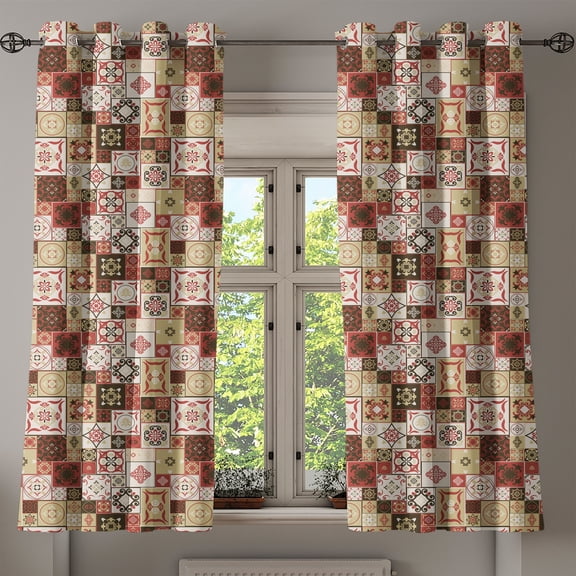 Ambesonne Moroccan Grommet Curtain, Vintage Square Pattern, 50" x 54", Cream Dark Coral Brown
