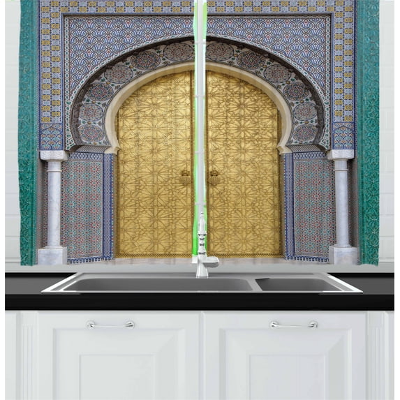 Ambesonne Moroccan Kitchen Curtains, Antique Doors, 55"x45", Yellow Teal Blue