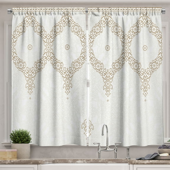 Ambesonne Moroccan Kitchen Curtains, Eastern Elements Cream, 55"x45", White Umber Camel