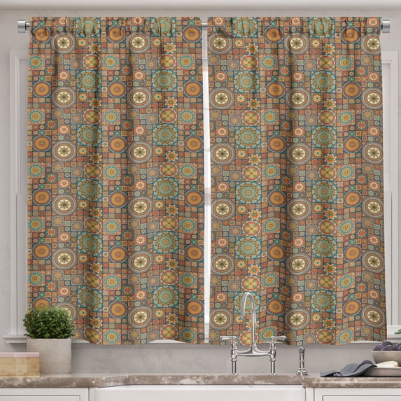 Ambesonne Moroccan Kitchen Curtains, Eastern Old Folkloric, 55"x39", Turquoise Orange