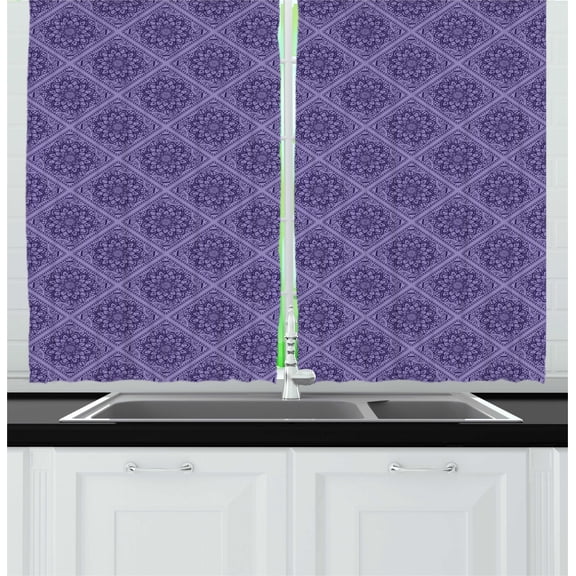 Ambesonne Moroccan Kitchen Curtains, Floral Mandala Oriental, 55"x45", Quartz and Indigo