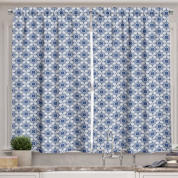 Ambesonne Moroccan Kitchen Curtains, Floral Traditional Damask, 55"x45", Off White Dark Sky Blue