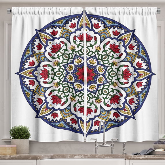 Ambesonne Moroccan Kitchen Curtains, Mandala Lotus, 55"x39", Green Blue Ruby