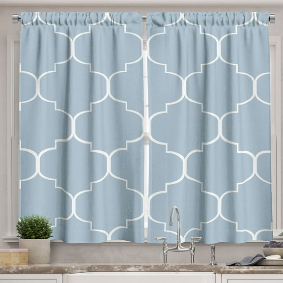 Ambesonne Moroccan Kitchen Curtains, Modern Mesh Minimal Grid, 55"x24", Pale Blue