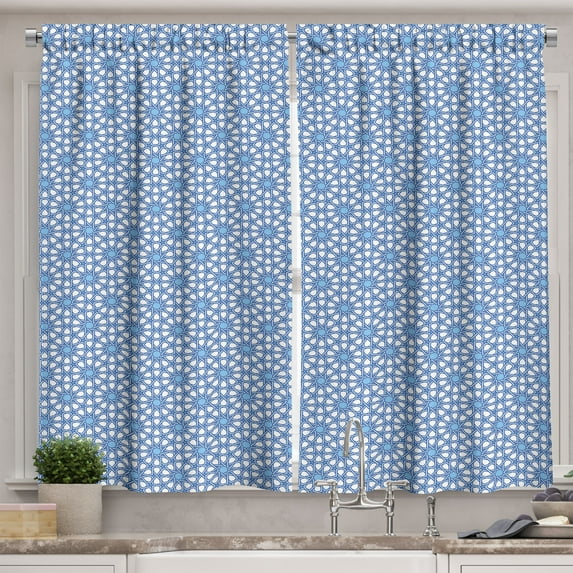 Ambesonne Moroccan Kitchen Curtains, Moorish Star Pattern, 55"x45", Pale Blue White