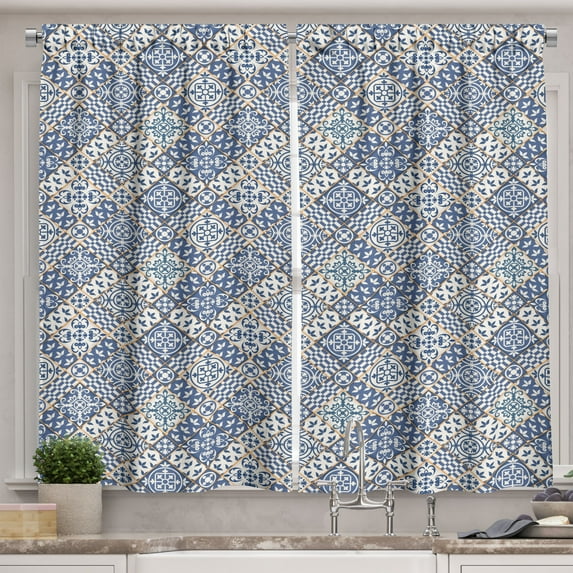 Ambesonne Moroccan Kitchen Curtains, Oriental Rectangles, 55"x39", Blue Orange White