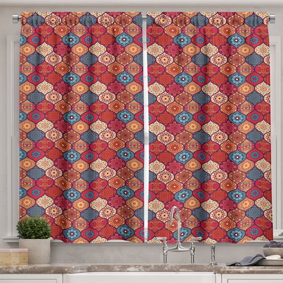Ambesonne Moroccan Kitchen Curtains, Oriental Wavy Natural, 55"x39", Multicolor