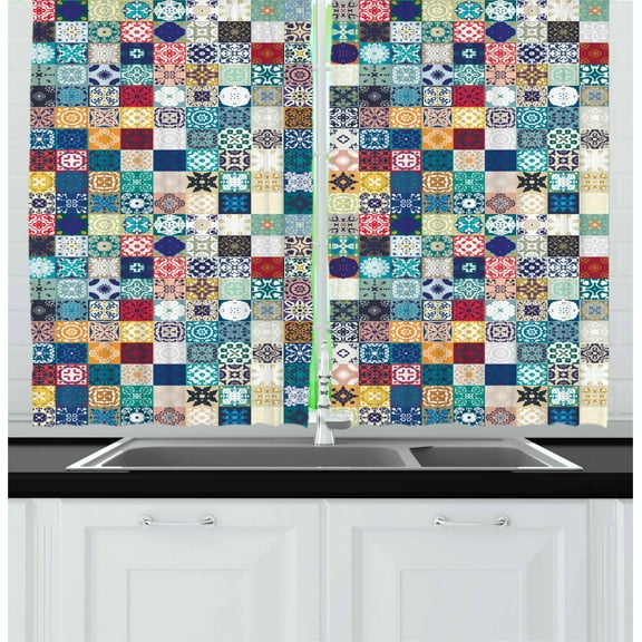 Ambesonne Moroccan Kitchen Curtains, Ornate Patchwork Motif, 55"x39", Multicolor