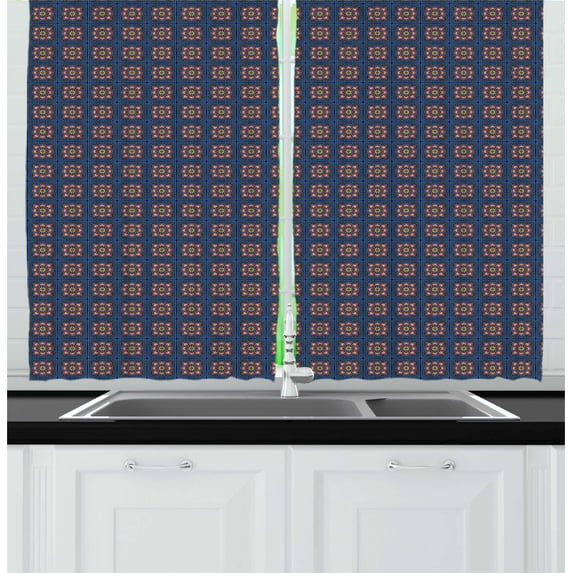 Ambesonne Moroccan Kitchen Curtains, Traditional Orient Floral, 55"x45", Dark Sky Blue Multicolor