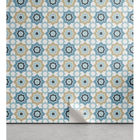 Ambesonne Moroccan Peel & Stick Wallpaper for Home, Oriental Star Shape Motifs, 13"x36", Deep Sky Blue Ecru