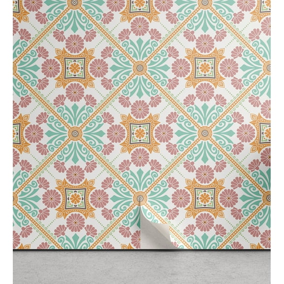 Ambesonne Moroccan Peel & Stick Wallpaper for Home, Pastel Floral Oriental, 13"x100", Almond Green Blush