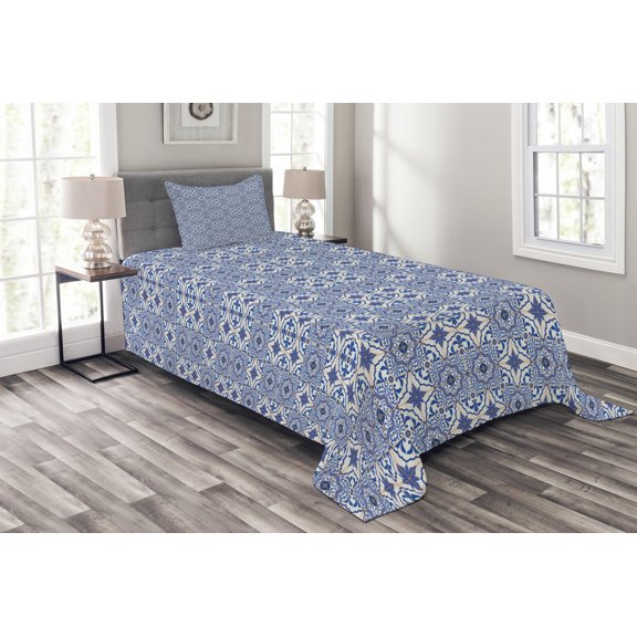 Ambesonne Moroccan Quilted Bedspread Set 2 Pcs, Checkered Grid Desgin, Twin Size, Violet Blue Orange White