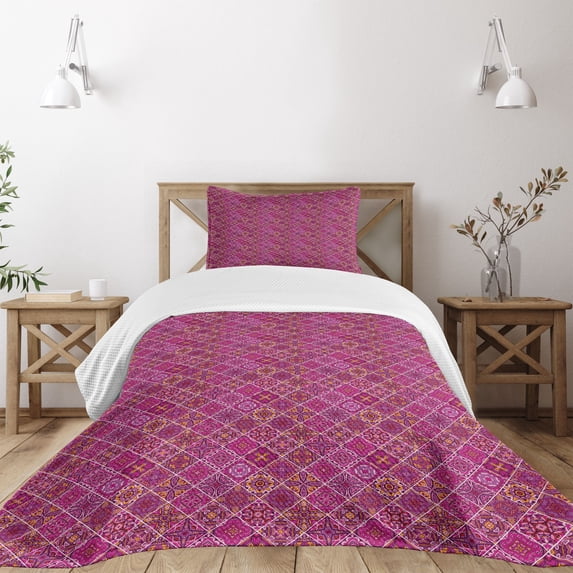 Ambesonne Moroccan Quilted Bedspread Set 2 Pcs, Checkered Pink, Twin Size, Magenta Purple Marigold