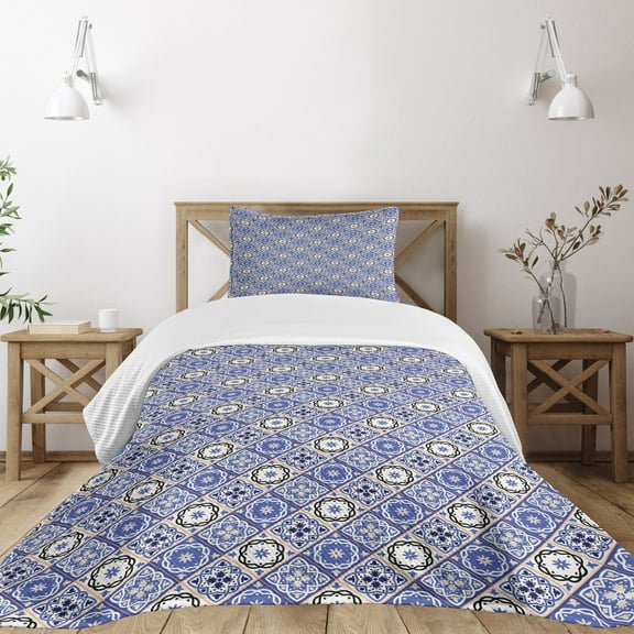 Ambesonne Moroccan Quilted Bedspread Set 2 Pcs, Geometric Azulejo Design, Twin Size, Violet Blue Black Cream