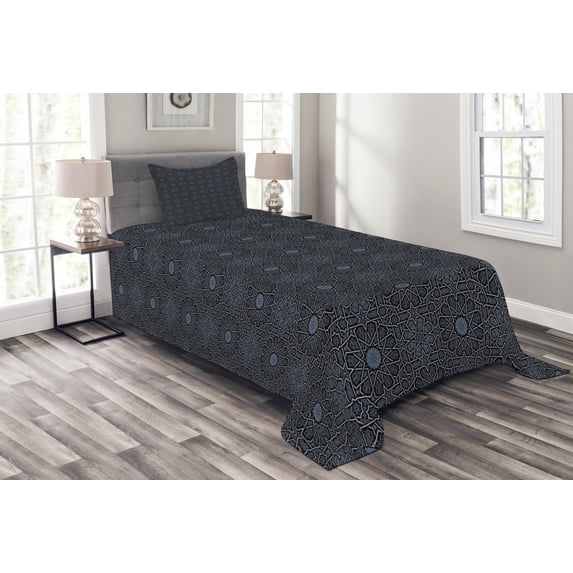 Ambesonne Moroccan Quilted Bedspread Set 2 Pcs, Geometric Star Royal, Twin Size, Black Cream Blue