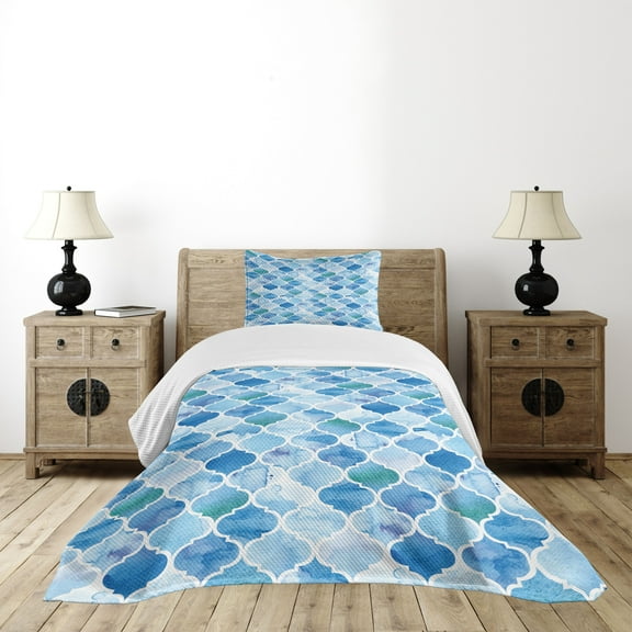 Ambesonne Moroccan Quilted Bedspread Set 2 Pcs, Mosaic Pattern, Twin Size, Pale Blue