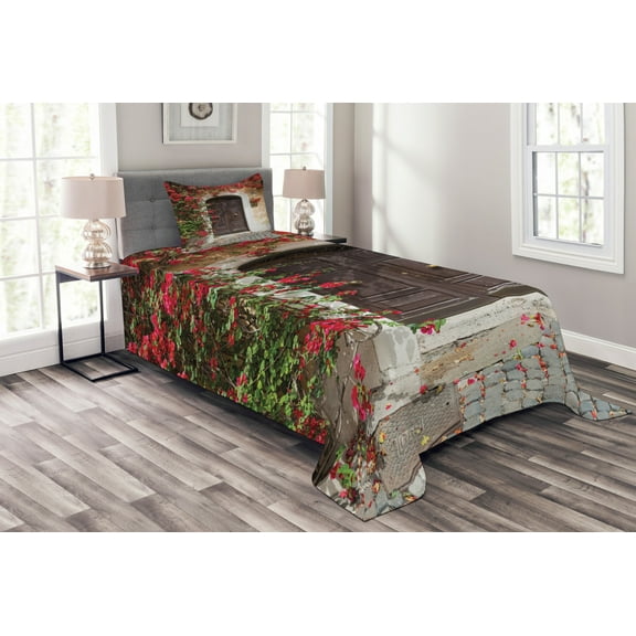Ambesonne Moroccan Quilted Bedspread Set 2 Pcs, Old Door with Flowers, Twin Size, Multicolor
