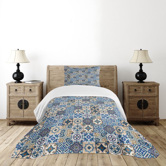 Ambesonne Moroccan Quilted Bedspread Set 2 Pcs, Portuguese Traditional, Twin Size, Blue White Pale Brown