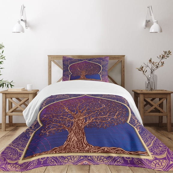 Ambesonne Moroccan Quilted Bedspread Set 2 Pcs, Retro Eastern Branches, Twin Size, Purple Blue