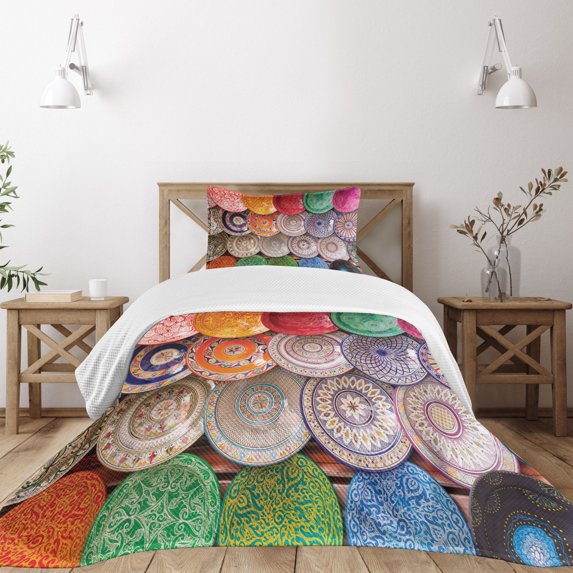 Ambesonne Moroccan Quilted Bedspread Set 2 Pcs, Traditional Colorful, Twin Size, Multicolor