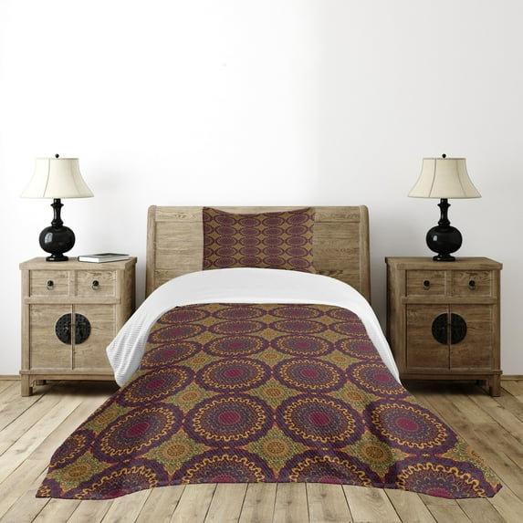 Ambesonne Moroccan Quilted Bedspread Set 2 Pcs, Tribal Art Mandala, Twin Size, Plum Petrol Blue Yellow