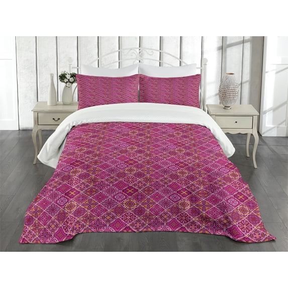 Ambesonne Moroccan Quilted Bedspread Set 3 Pcs, Checkered Pink, Queen Size, Magenta Purple Marigold