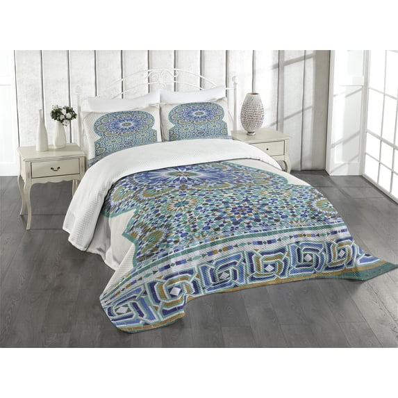 Ambesonne Moroccan Quilted Bedspread Set 3 Pcs, Eastern Ceramic Tile, King Size, Pale Coffee Turquoise