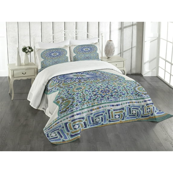 Ambesonne Moroccan Quilted Bedspread Set 3 Pcs, Eastern Ceramic Tile, Queen Size, Pale Coffee Turquoise