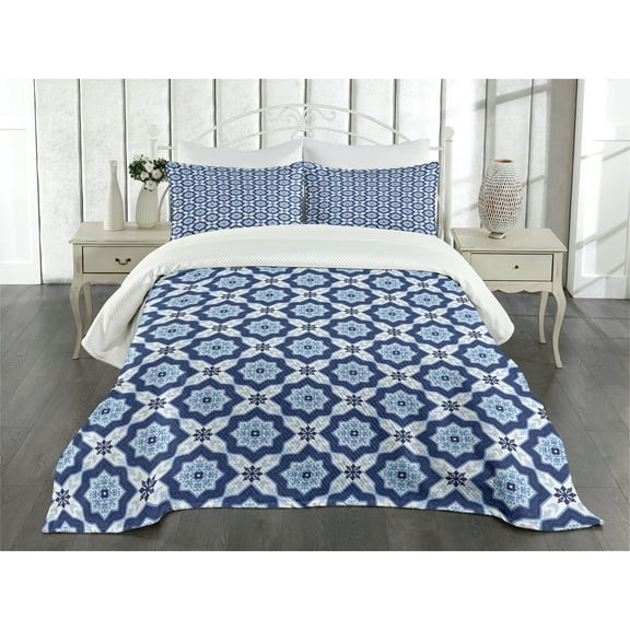 Ambesonne Moroccan Quilted Bedspread Set 3 Pcs, Floral Detail, Queen Size, Turquoise Dark Blue