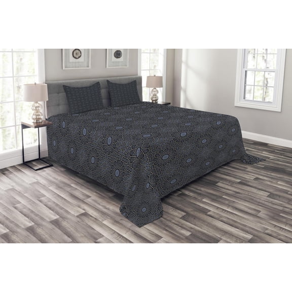 Ambesonne Moroccan Quilted Bedspread Set 3 Pcs, Geometric Star Royal, King Size, Black Cream Blue