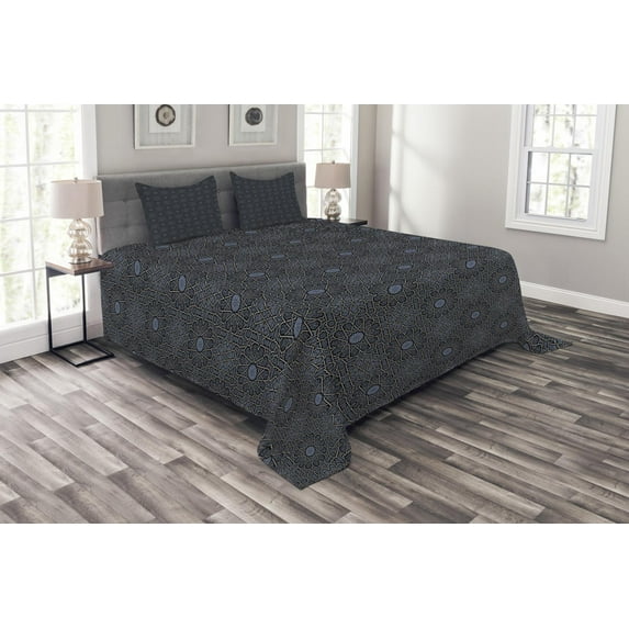 Ambesonne Moroccan Quilted Bedspread Set 3 Pcs, Geometric Star Royal, King Size, Black Cream Blue