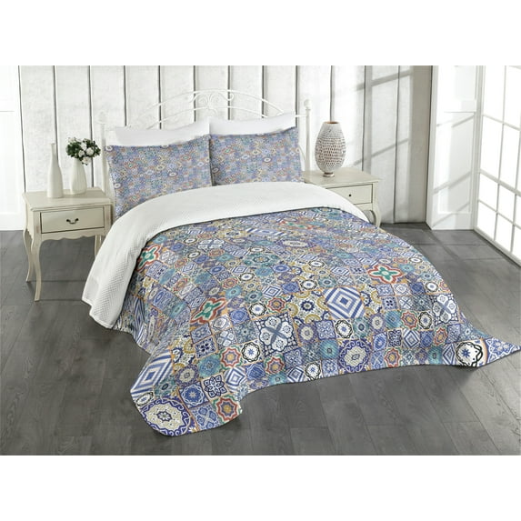 Ambesonne Moroccan Quilted Bedspread Set 3 Pcs, Grid Squares Pattern, King Size, Multicolor