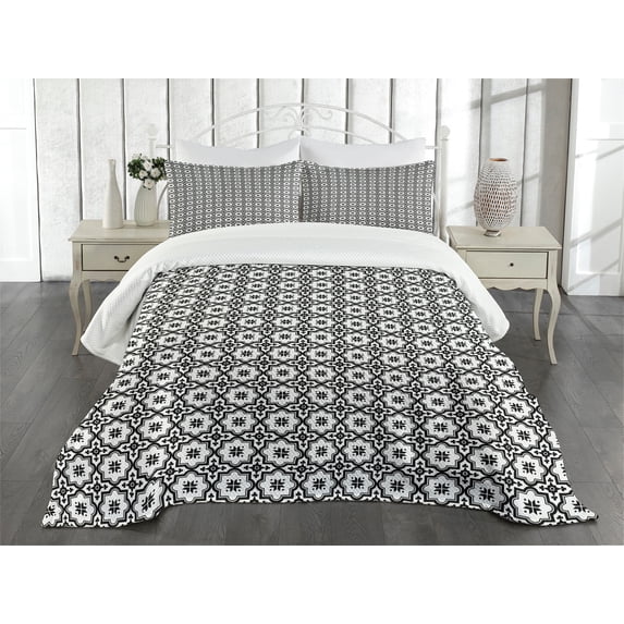 Ambesonne Moroccan Quilted Bedspread Set 3 Pcs, Monochrome Tile Design, King Size, Black White