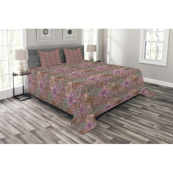 Ambesonne Moroccan Quilted Bedspread Set 3 Pcs, Nature Inspired Curvy, King Size, Multicolor