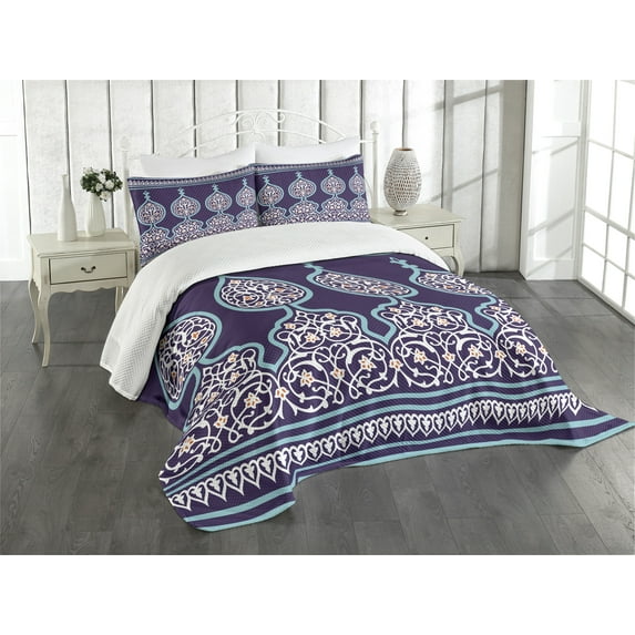 Ambesonne Moroccan Quilted Bedspread Set 3 Pcs, Oriental Design, King Size, Teal Royal Blue