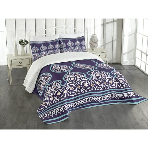 Ambesonne Moroccan Quilted Bedspread Set 3 Pcs, Oriental Design, Queen Size, Teal Royal Blue