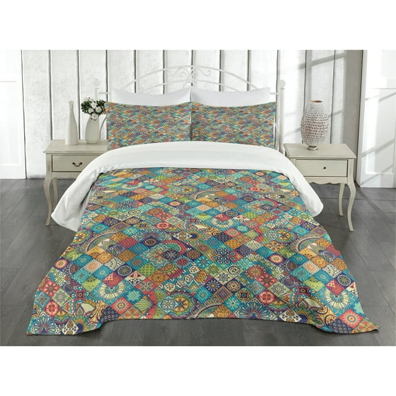 Ambesonne Moroccan Quilted Bedspread Set 3 Pcs, Oriental Motifs, King Size, Multicolor