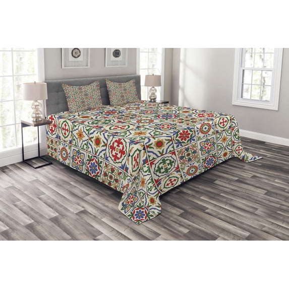 Ambesonne Moroccan Quilted Bedspread Set 3 Pcs, Ornamental Abstract Leaf, Queen Size, Multicolor