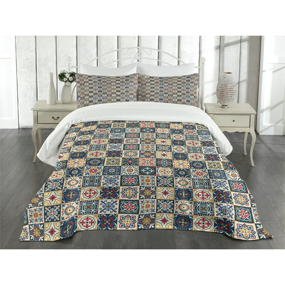 Ambesonne Moroccan Quilted Bedspread Set 3 Pcs, Portuguese Tiles Motif, Queen Size, Dark Blue Amber Red