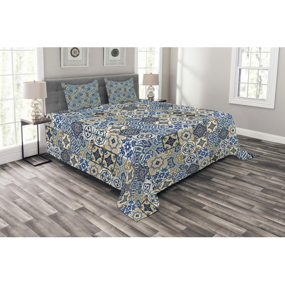 Ambesonne Moroccan Quilted Bedspread Set 3 Pcs, Portuguese Traditional, King Size, Blue White Pale Brown