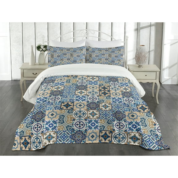Ambesonne Moroccan Quilted Bedspread Set 3 Pcs, Portuguese Traditional, Queen Size, Blue White Pale Brown
