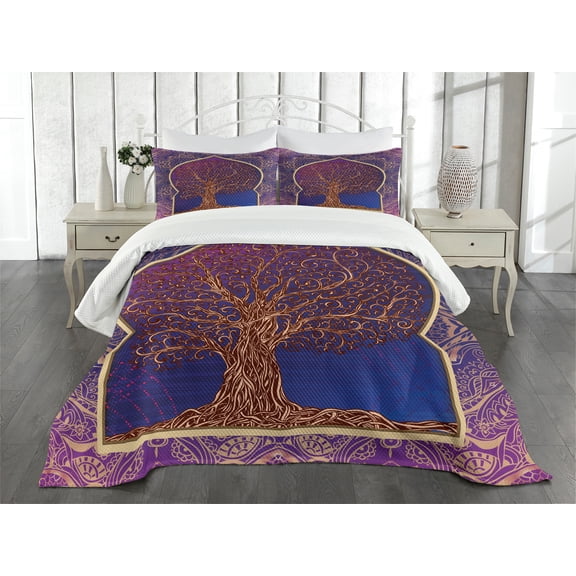 Ambesonne Moroccan Quilted Bedspread Set 3 Pcs, Retro Eastern Branches, Queen Size, Purple Blue