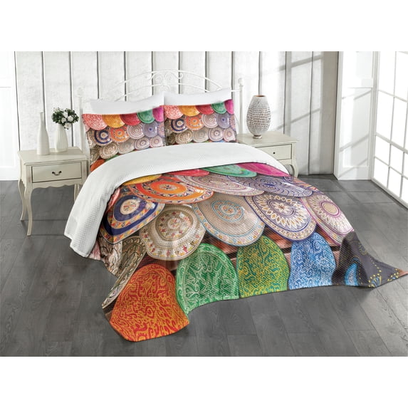 Ambesonne Moroccan Quilted Bedspread Set 3 Pcs, Traditional Colorful, Queen Size, Multicolor