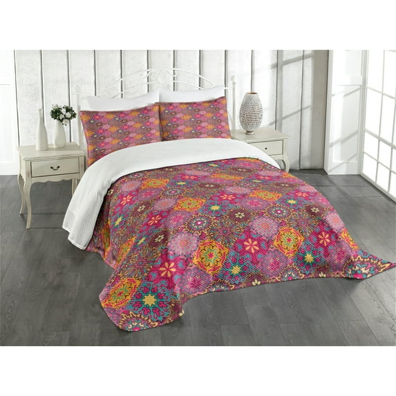 Ambesonne Moroccan Quilted Bedspread Set 3 Pcs, Vibrant Folk, Queen Size, Multicolor