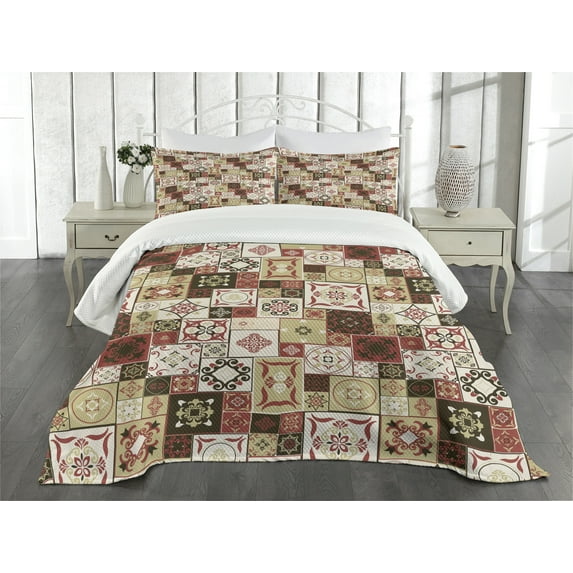 Ambesonne Moroccan Quilted Bedspread Set 3 Pcs, Vintage Square Pattern, Queen Size, Cream Dark Coral Brown