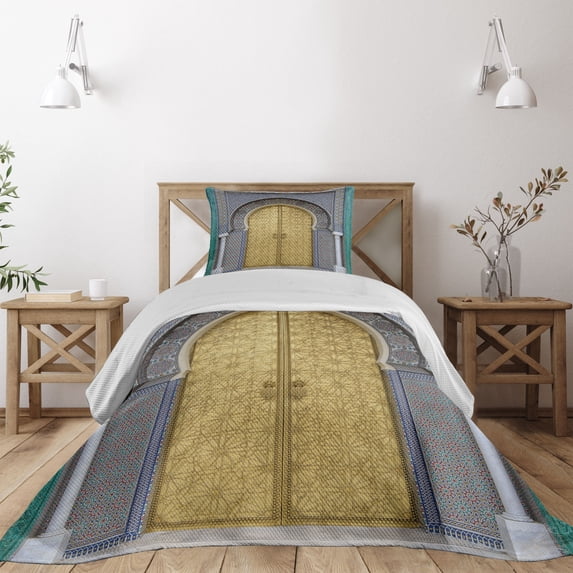 Ambesonne Moroccan Quilted Coverlet 2 Pcs, Antique Doors, Twin Size, Yellow Teal Blue