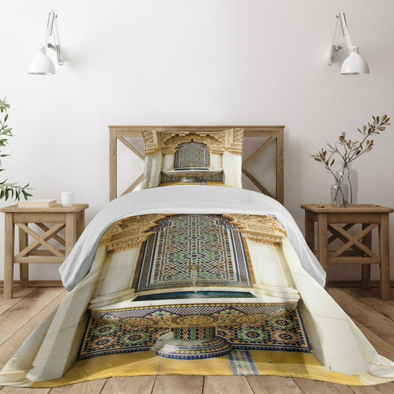 Ambesonne Moroccan Quilted Coverlet 2 Pcs, Vintage Eastern Art, Twin Size, Ivory Pale Brown Blue