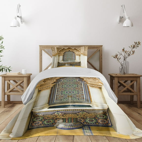 Ambesonne Moroccan Quilted Coverlet 2 Pcs, Vintage Eastern Art, Twin Size, Ivory Pale Brown Blue