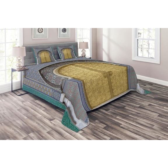 Ambesonne Moroccan Quilted Coverlet 3 Pcs, Antique Doors, Queen Size, Yellow Teal Blue
