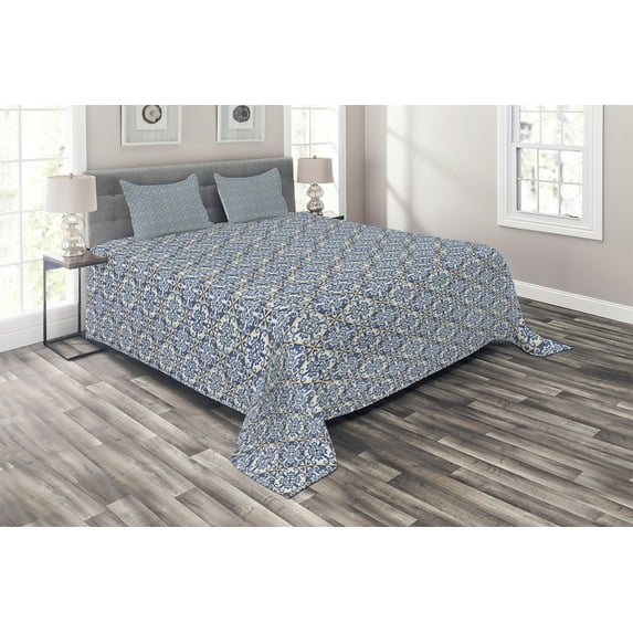 Ambesonne Moroccan Quilted Coverlet 3 Pcs, Azulejo Ceramic Motif, Queen Size, Blue Cream Marigold